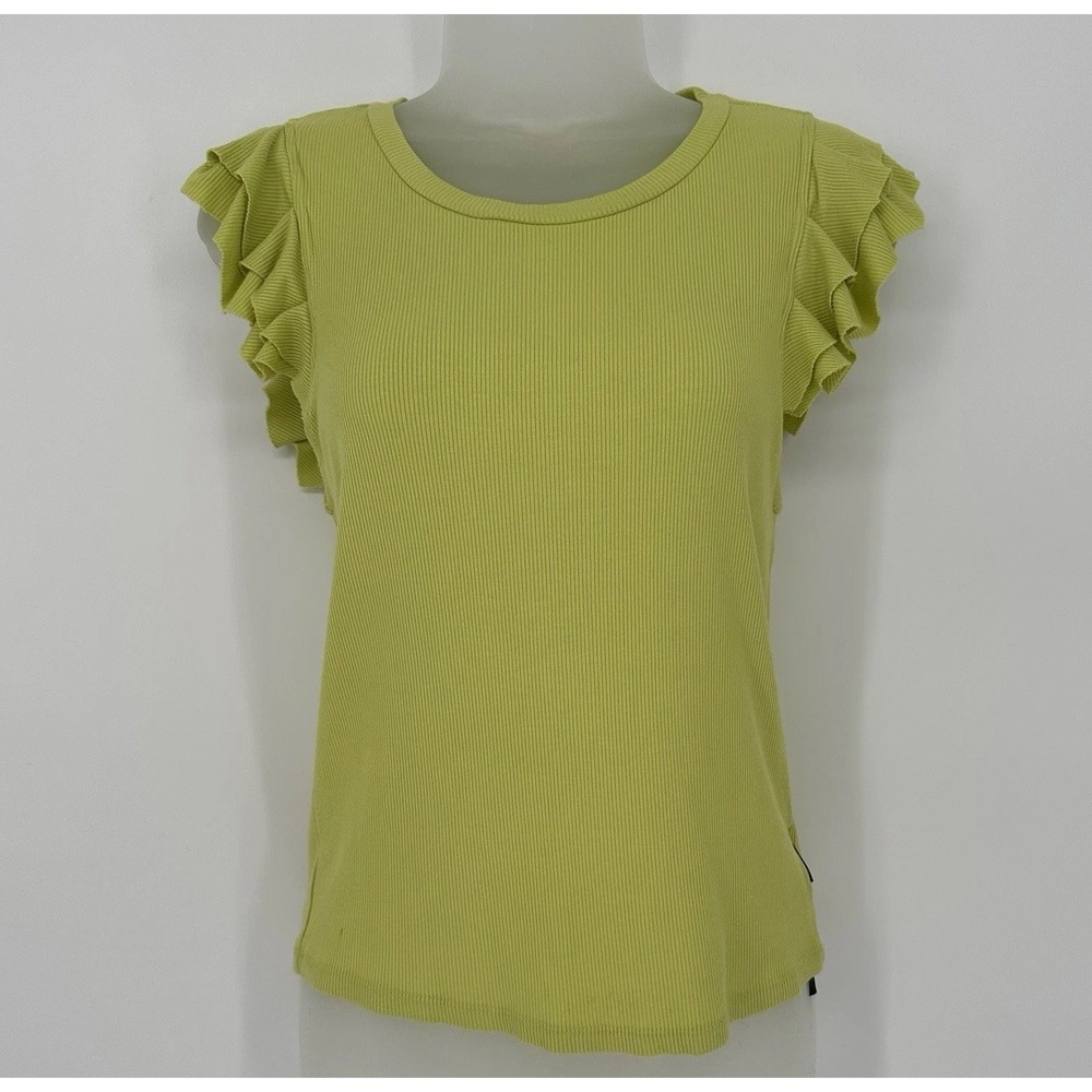 Buffalo Women's Chartreuse Slime Green Ribbed Top‎ Flutter Sleeve Blouse Sz Med